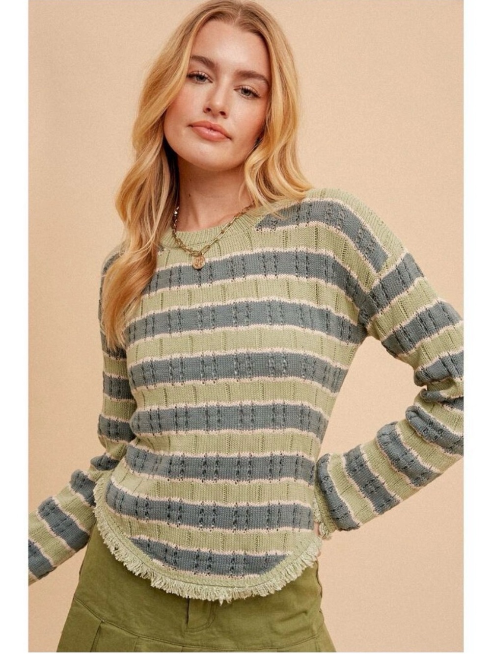 Hem & Thread Sage & Blue Striped Knit Top M New